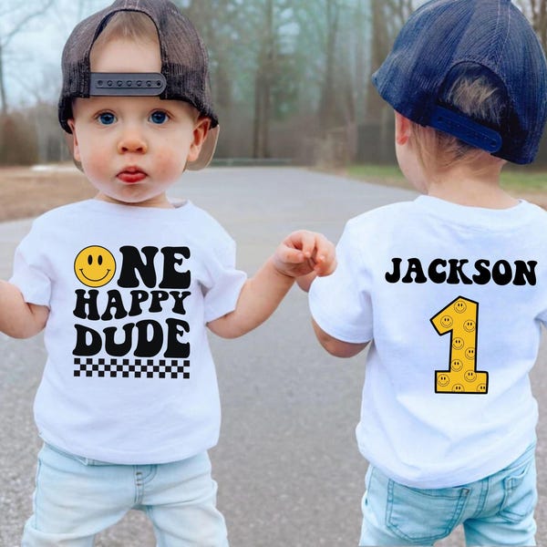 One Happy Dude Birthday Shirt & Baby Bodysuit, Smiley 1st Birthday Outfit, Custom First Birthday Gifts, Retro Groovy Birthday Party Tee