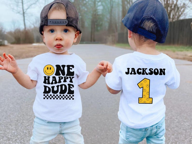 One Happy Dude Birthday Shirt & Baby Bodysuit, Smiley 1st Birthday Outfit, Custom First Birthday Gifts, Retro Groovy Birthday Party Tee image 1
