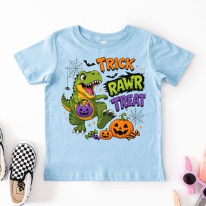 Dinosaur Halloween Shirt, Trick Rawr Treat Tee, Cute T Rex Trick or Treat Baby Bodysuit, Spooky Dino Pumpkin Shirt for Kids image 3