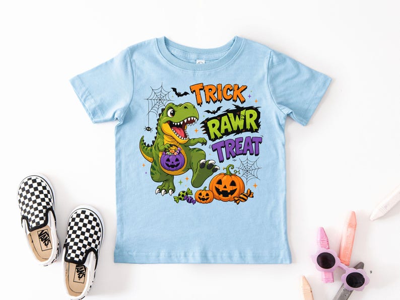 Dinosaur Halloween Shirt, Trick Rawr Treat Tee, Cute T Rex Trick or Treat Baby Bodysuit, Spooky Dino Pumpkin Shirt for Kids image 3