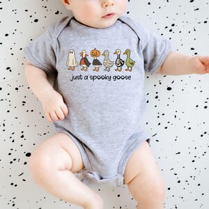 May include: A gray baby onesie with a Halloween-themed graphic. The design features six cartoon geese dressed as a ghost, vampire, pumpkin, mummy, skeleton, and a green goose. Text reads "just a spooky goose".