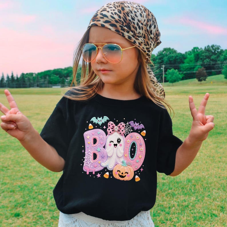 Puede incluir: Una camiseta negra con un estampado gr&aacute;fico que muestra la palabra BOO en letras de color rosa y morado pastel. El dise&ntilde;o incluye un fantasma gui&ntilde;ando un ojo con un lazo rosa de lunares, una calabaza naranja sonriente, murci&eacute;lagos y dulces.
