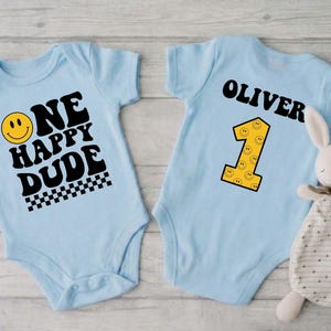 One Happy Dude Birthday Shirt & Baby Bodysuit, Smiley 1st Birthday Outfit, Custom First Birthday Gifts, Retro Groovy Birthday Party Tee image 3