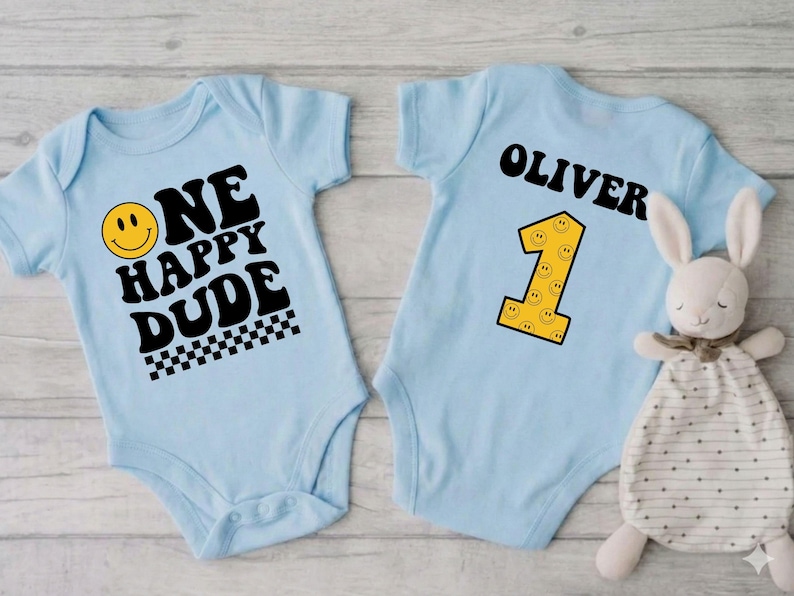 One Happy Dude Birthday Shirt & Baby Bodysuit, Smiley 1st Birthday Outfit, Custom First Birthday Gifts, Retro Groovy Birthday Party Tee image 3
