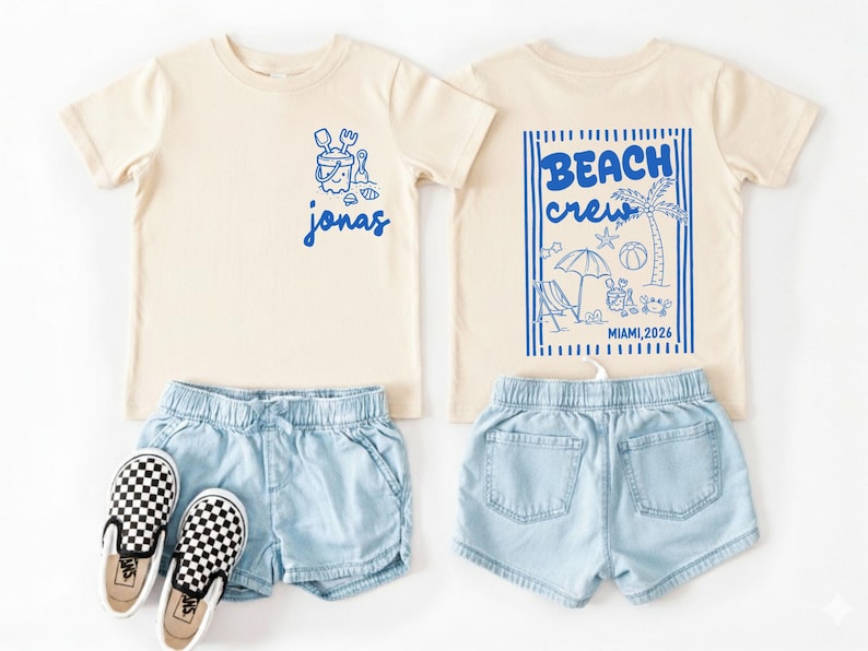 personalized beach kids shirt with front graphic and back design featuring beach elements and custom name location and year for vacation outfit