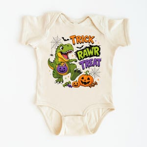 Dinosaur Halloween Shirt, Trick Rawr Treat Tee, Cute T Rex Trick or Treat Baby Bodysuit, Spooky Dino Pumpkin Shirt for Kids image 9