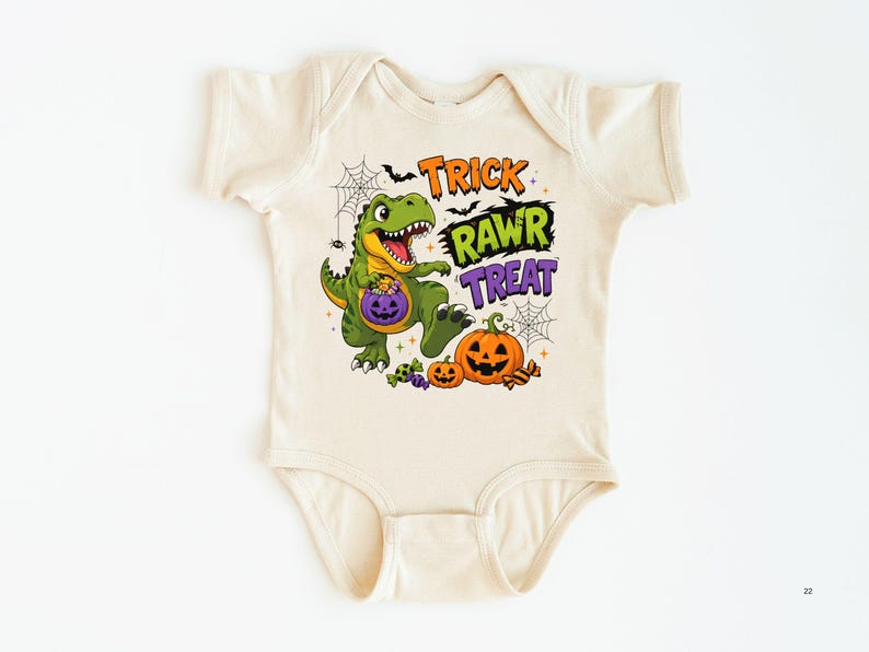 Dinosaur Halloween Shirt, Trick Rawr Treat Tee, Cute T Rex Trick or Treat Baby Bodysuit, Spooky Dino Pumpkin Shirt for Kids image 9