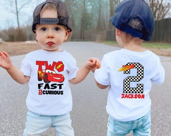 Two Fast 2 Curious Birthday Shirt: Custom Lightning Race Car Toddler Tee