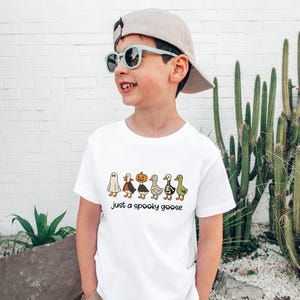 May include: White t-shirt with a Halloween-themed graphic of cartoon characters, including a ghost, vampire, pumpkin, mummy, skeleton, and goose. The text "just a spooky goose" is below the characters.