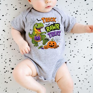 Dinosaur Halloween Shirt, Trick Rawr Treat Tee, Cute T Rex Trick or Treat Baby Bodysuit, Spooky Dino Pumpkin Shirt for Kids image 8