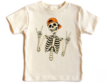 Kids Skeleton Halloween Shirt, Rock On Skeleton Toddler Sweatshirt, Baby Bodysuit, Youth T-Shirt, Boys Punk Rock Spooky Season Outfit