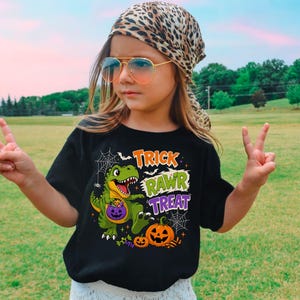 Dinosaur Halloween Shirt, Trick Rawr Treat Tee, Cute T Rex Trick or Treat Baby Bodysuit, Spooky Dino Pumpkin Shirt for Kids image 6