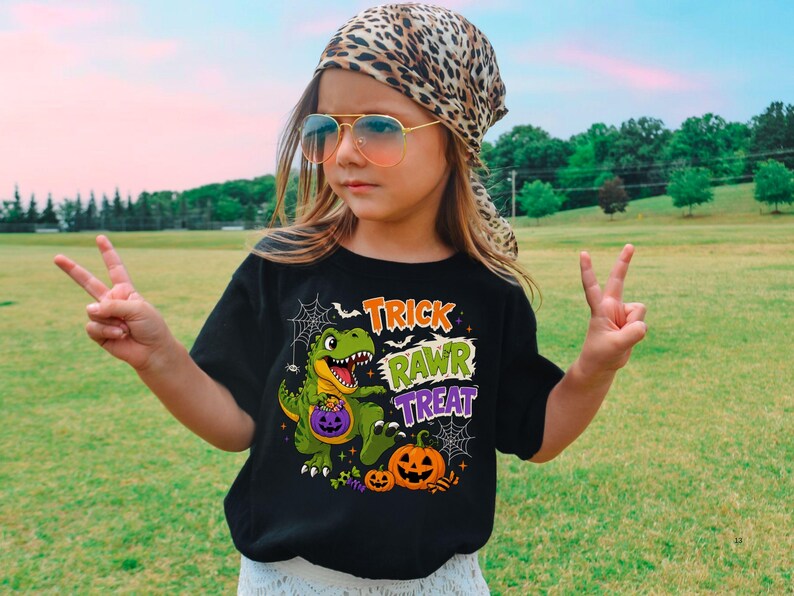 Dinosaur Halloween Shirt, Trick Rawr Treat Tee, Cute T Rex Trick or Treat Baby Bodysuit, Spooky Dino Pumpkin Shirt for Kids image 6