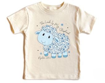 The Lord Is My Shepherd Boys Girls Shirt, Psalm 23 1 Baby Bodysuit, Floral Lamb Christian Toddler Tee, Blue Sheep Religious Kids Outfit