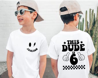 Personalized This Dude Is 6 Birthday Shirt, Custom Name 6th Birthday Boy Shirt, Boys 6th Birthday Party Gift Tee