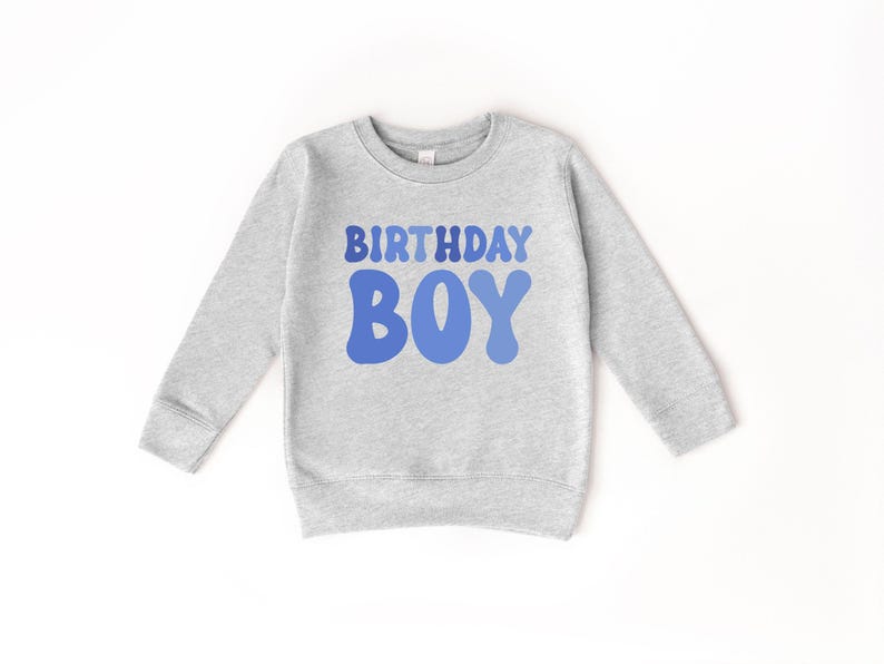 May include: A grey sweatshirt with long sleeves. The front displays the words "BIRTHDAY BOY" in blue, retro lettering. This children's sweatshirt is designed for a birthday celebration. The design is simple and eye-catching.