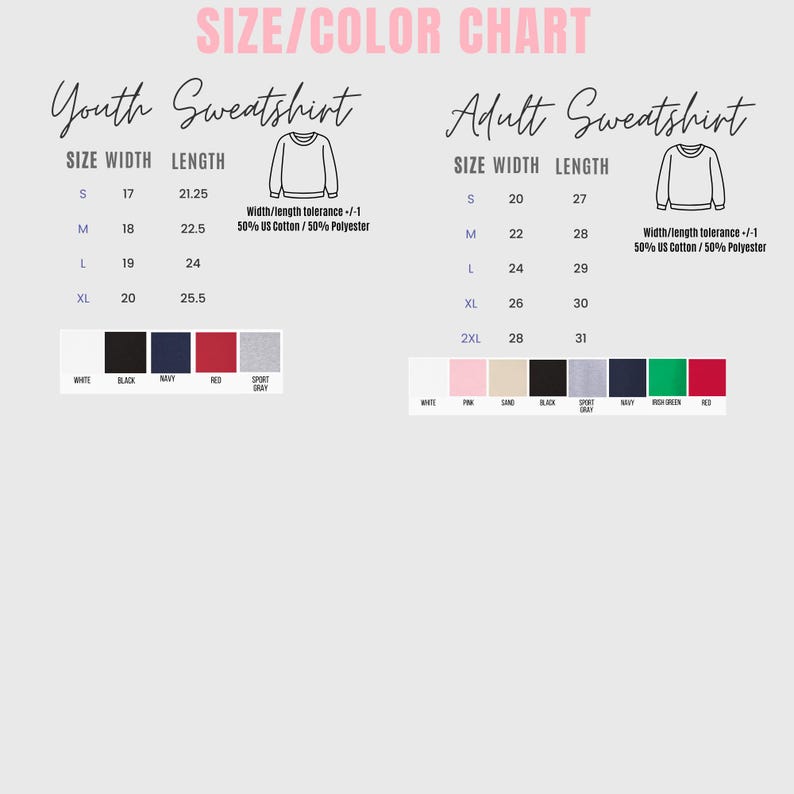 the size and color chart for a sweatshirt