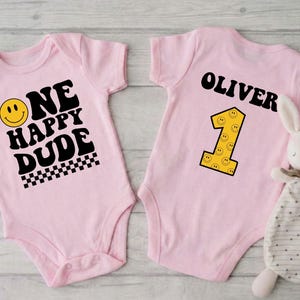 One Happy Dude Birthday Shirt & Baby Bodysuit, Smiley 1st Birthday Outfit, Custom First Birthday Gifts, Retro Groovy Birthday Party Tee image 4