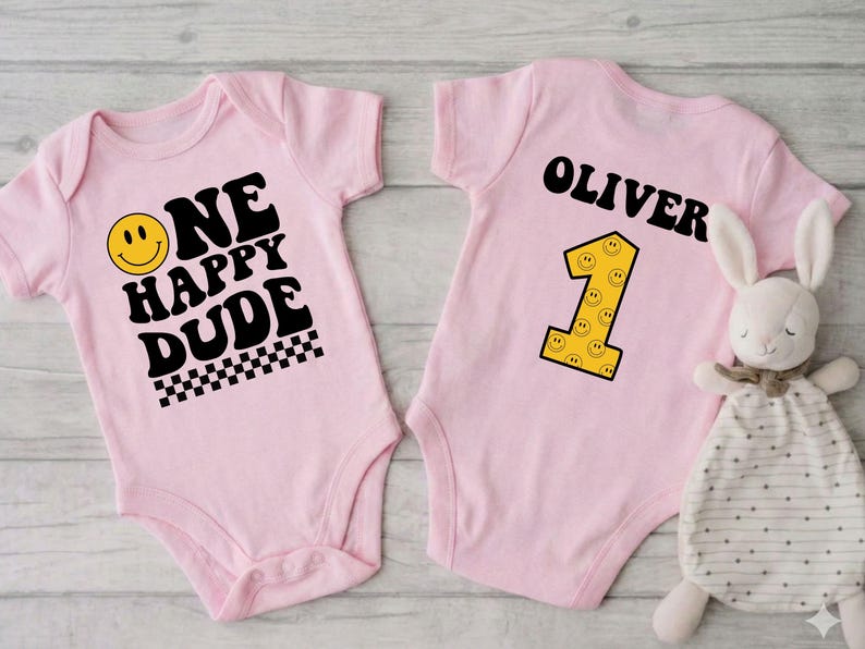 One Happy Dude Birthday Shirt & Baby Bodysuit, Smiley 1st Birthday Outfit, Custom First Birthday Gifts, Retro Groovy Birthday Party Tee image 4