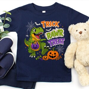 Dinosaur Halloween Shirt, Trick Rawr Treat Tee, Cute T Rex Trick or Treat Baby Bodysuit, Spooky Dino Pumpkin Shirt for Kids image 12