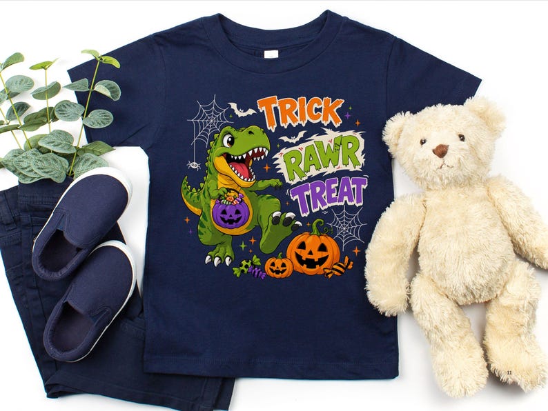 Dinosaur Halloween Shirt, Trick Rawr Treat Tee, Cute T Rex Trick or Treat Baby Bodysuit, Spooky Dino Pumpkin Shirt for Kids image 12