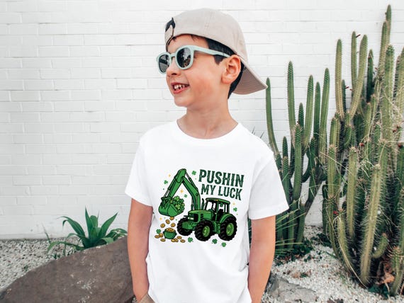 Pushin My Luck Boys St Patricks Day Shirt, Kids Excavator Shamrock Tee, Toddler St Paddy Outfit, Lucky Construction Baby Bodysuit
