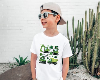 St Patricks Day Green Truck Crane Excavator Bulldozer Boys Shirt, Lucky Construction Tee, Digger Bucket Baby Bodysuit, Toddler Lorry Outfit