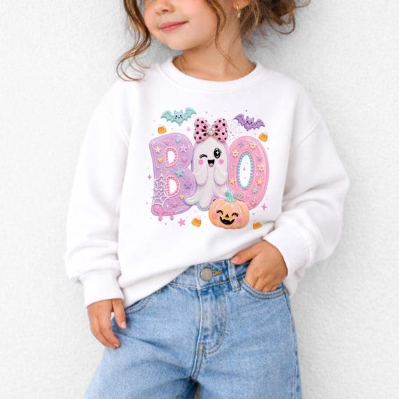 Pastel Boo Halloween Girl Shirt, Pink Ghost Toddler Sweatshirt, Baby Halloween Bodysuit, Ghost Bow Shirt, Baby Girl Spooky Season Outfit