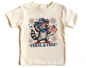 Feral and Free Kids Shirt, Raccoon 4th of July Toddler Tee, USA 250th Anniversary Youth Shirt, American Baby Onesie®, Red White Blue Shirt
