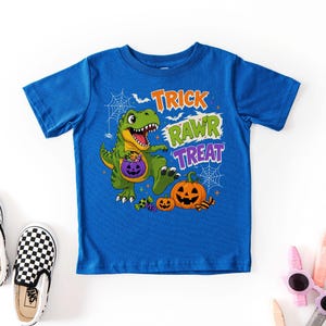 Dinosaur Halloween Shirt, Trick Rawr Treat Tee, Cute T Rex Trick or Treat Baby Bodysuit, Spooky Dino Pumpkin Shirt for Kids image 7