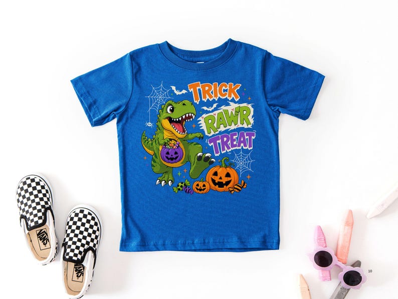Dinosaur Halloween Shirt, Trick Rawr Treat Tee, Cute T Rex Trick or Treat Baby Bodysuit, Spooky Dino Pumpkin Shirt for Kids image 7