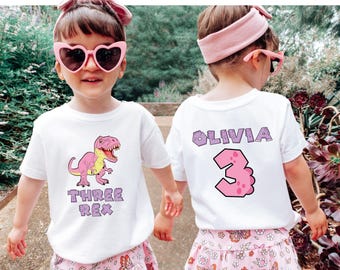 Custom Three-Rex Dinosaur Birthday Girl Shirt, Pink Dino 3rd Birthday Girl Outfit, Gift forThree Year Old Girl, Dinosaur Toddler Girl Tee