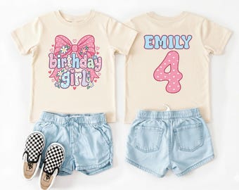 Personalized Birthday Girl Shirt, Pink Bow Birthday Sweatshirt, Floral Toddler Birthday Shirt, Custom Name and Age Baby Birthday Bodysuit