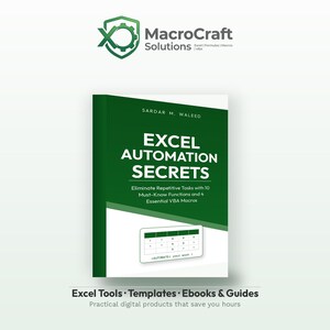 May include: A book titled Excel Automation Secrets by Sardar M. Waleed with a dark green cover, white text, and a graphic of a spreadsheet. Above the book is the MacroCraft Solutions logo, and below is the text Excel Tools, Templates, Ebooks & Guides.
