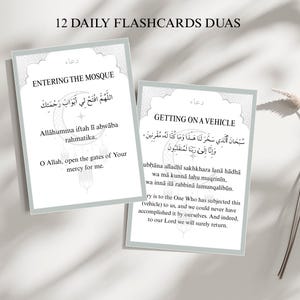 12 cartes mémoire Dua quotidiennes - Téléchargement numérique islamique | arabe, translittération et traduction en anglais | Musulman à imprimer pour enfants et adultes