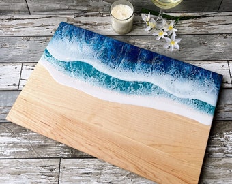 Ocean Charcuterie board, Resin Cutting board, Beach Serving Board | Turquoise Blue and white waves design | Perfect Mother's Day present