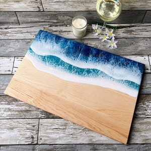 Ocean Charcuterie board, Resin Cutting board, Beach Serving Board | Turquoise Blue and white waves design | Perfect Mother's Day present