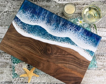 Ocean Charcuterie, Cutting board, Resin Ocean Serving Board | Turquoise, blue and beautiful white waves.