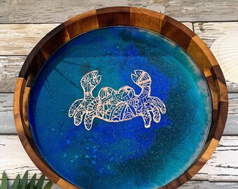 Coffee Table Tray, Ottoman Tray,  Charcuterie Board, Serving Tray with Gold Crab on Resin Art - 13”
