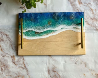 LARGE Ocean Charcuterie board, Cutting board with handles, 17”x11” functional art with shimmering turquoise and blue tones waves.