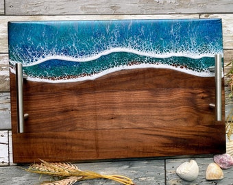 LARGE Ocean Charcuterie board with handles, Cutting board, 17”x11” functional art with shimmering turquoise and blue tones and frothy waves.