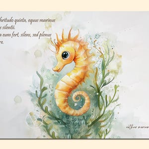 Illustration style aquarelle – Hippocampe & citation latine | Carte artistique à offrir ou encadrer