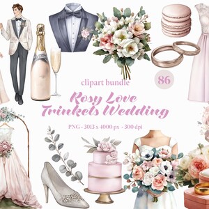 Rosy Love Trinkets Wedding Clipart Watercolor Pink Wedding Couple PNG junk journal Wedding Dress Flower wedding invitation element Digital