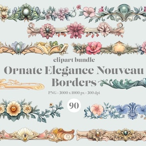 Bundle de cliparts Boarder Nouveau élégance fleurie, Art Nouveau cadres PNG, journal indésirable d&#39;éléments floraux floraux, téléchargement numérique