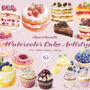 Zestaw clipartów akwarelowych z ciastami, desery, piekarnia, ilustracja babeczki, zestaw smacznych akwarelowych ciast w formacie PNG, naklejki do pobrania cyfrowego