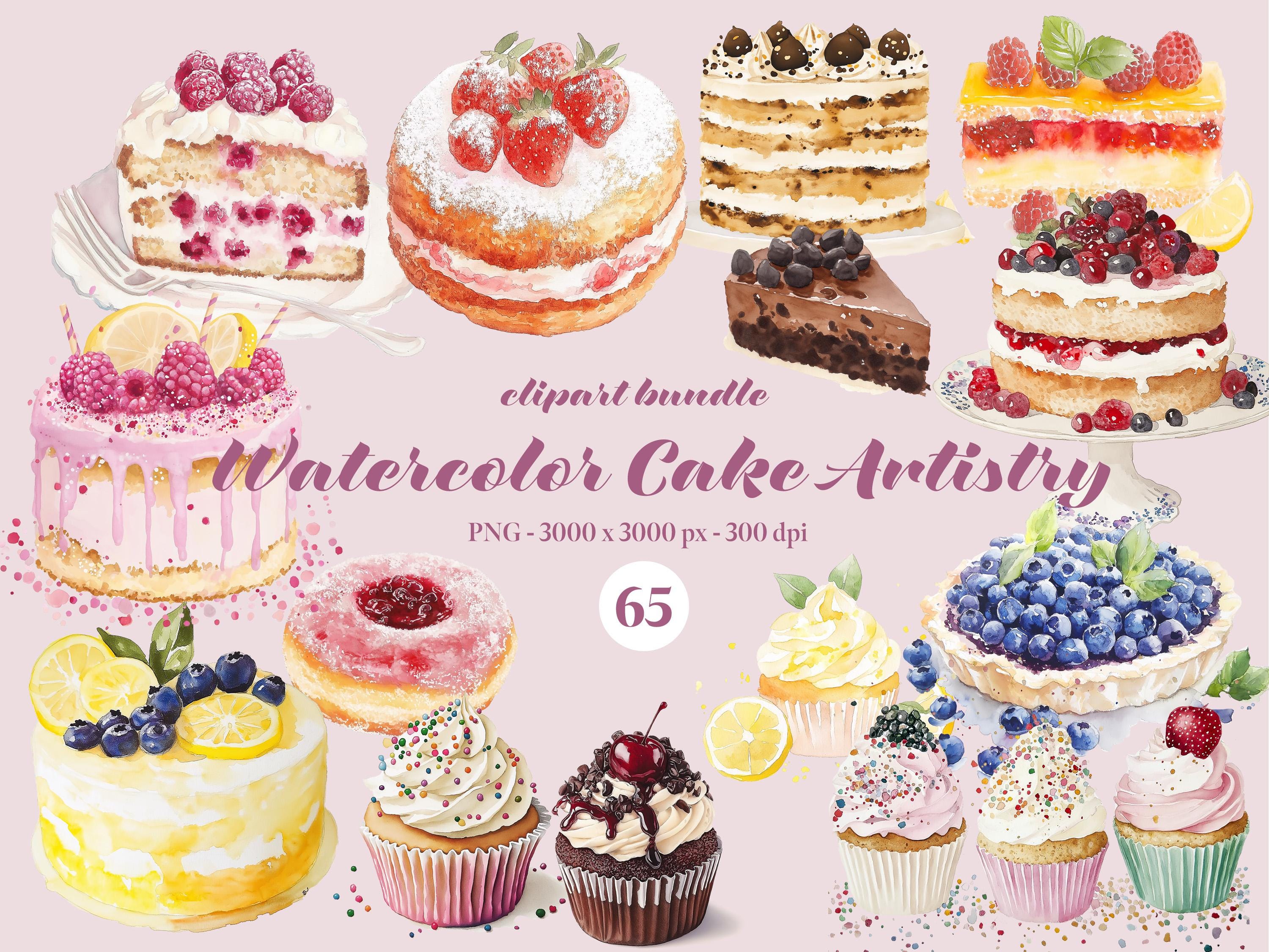 水彩ケーキの芸術的なクリップアートバンドル、デザート、ベーカリー、カップケーキのイラスト、おいしい水彩ケーキのPNGバンドル、ステッカーのデジタルダウンロード