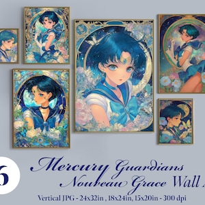 6 Mercury Guardians Nouveau Grace Wall Art Sailor scouts Posters Anime Printable Wall Art Anime Prints & Wall Decor Digital Download