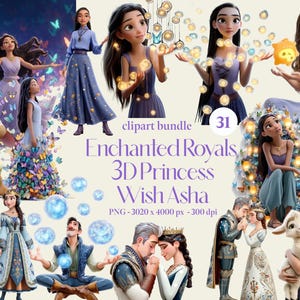 31 Royal Princess 3D Asha clipart-bundel, 3D Asha png Wish Valentino King Magnifico Queen Amaya taarttopper PNG digitale download Party Decor