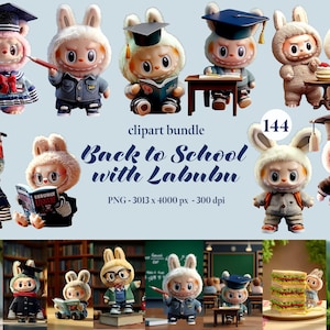 Terug naar school met Labubu clipartbundel kawaii schattig digitale stickers cute labubu png planner graphics Labubu karakter ontwerp behang