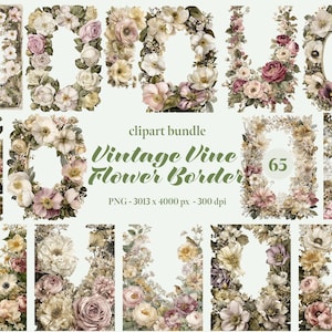 Vintage Vine Flower Border Clipart Bundle Retro Petals Boarder PNG junk journal Botanical frames wedding invitation Floral frame Logo Design